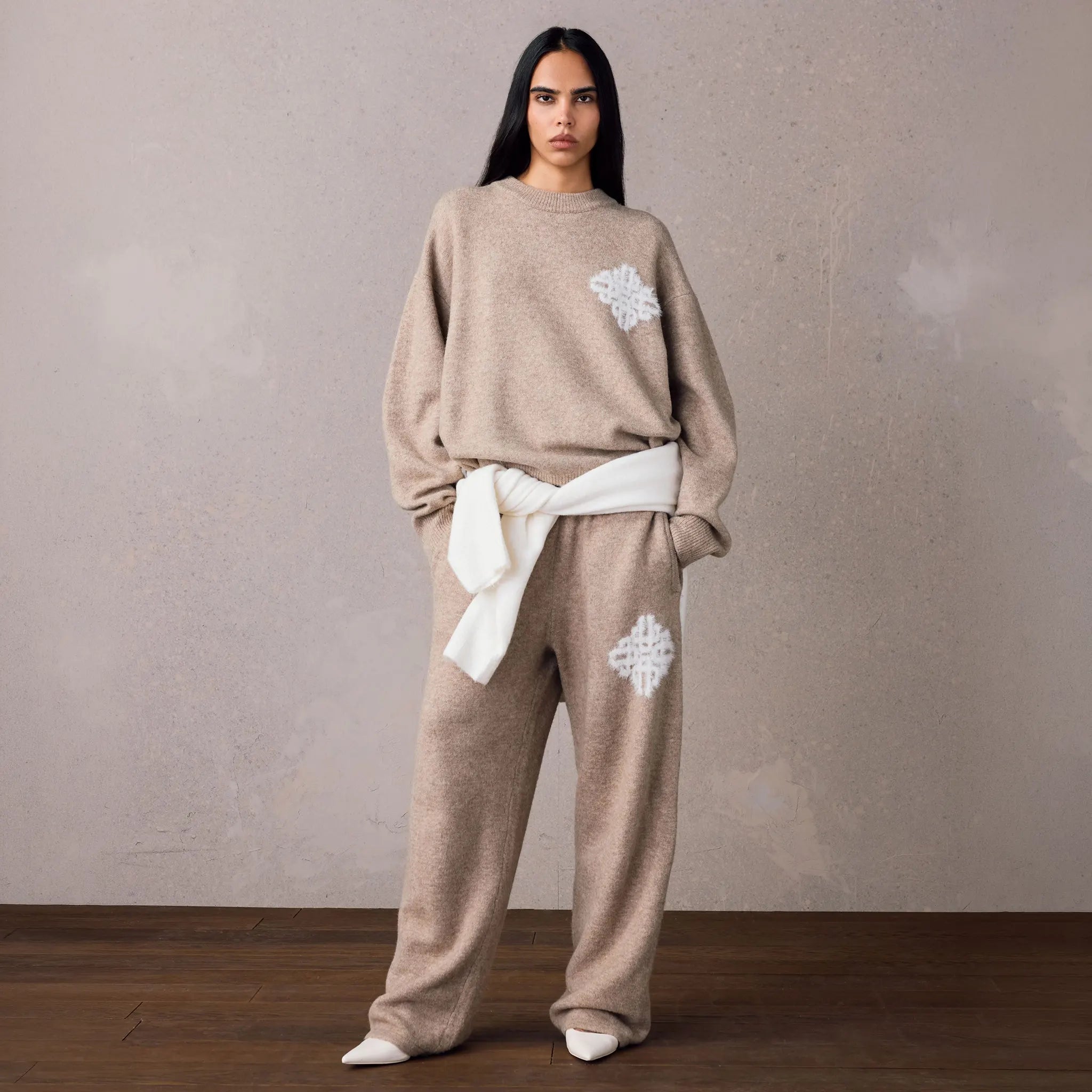 Front View of The Couture Club Emblem Fluffy Knit Beige Sweatshirt